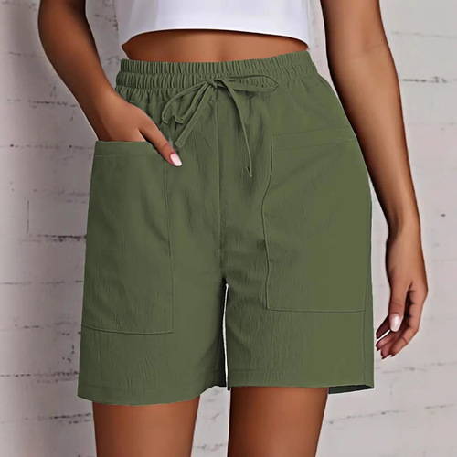 European and American wish summer new women's clothes pure color pockets loose high-waist casual fashionable quarter shorts