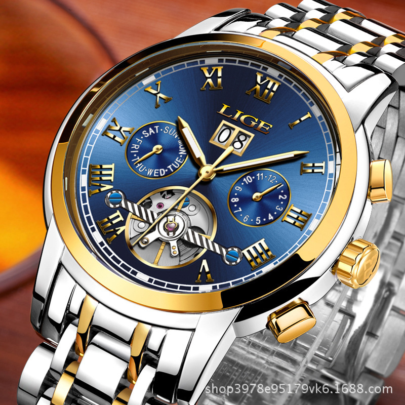 LIGE 9813 caliente-venta hueco transparente Tourbillon multifunción reloj mecánico automático correa de acero reloj de hombre