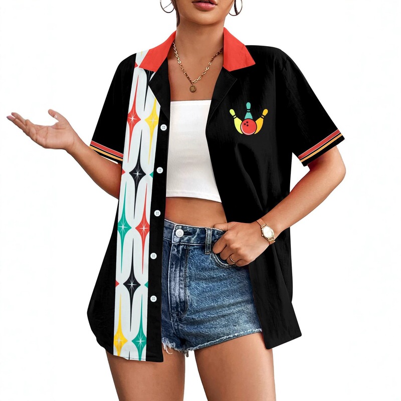 Navy Blue Bowling Print Lapel Short-Sleeved Cardigan Shirt Retro Casual Top for Women