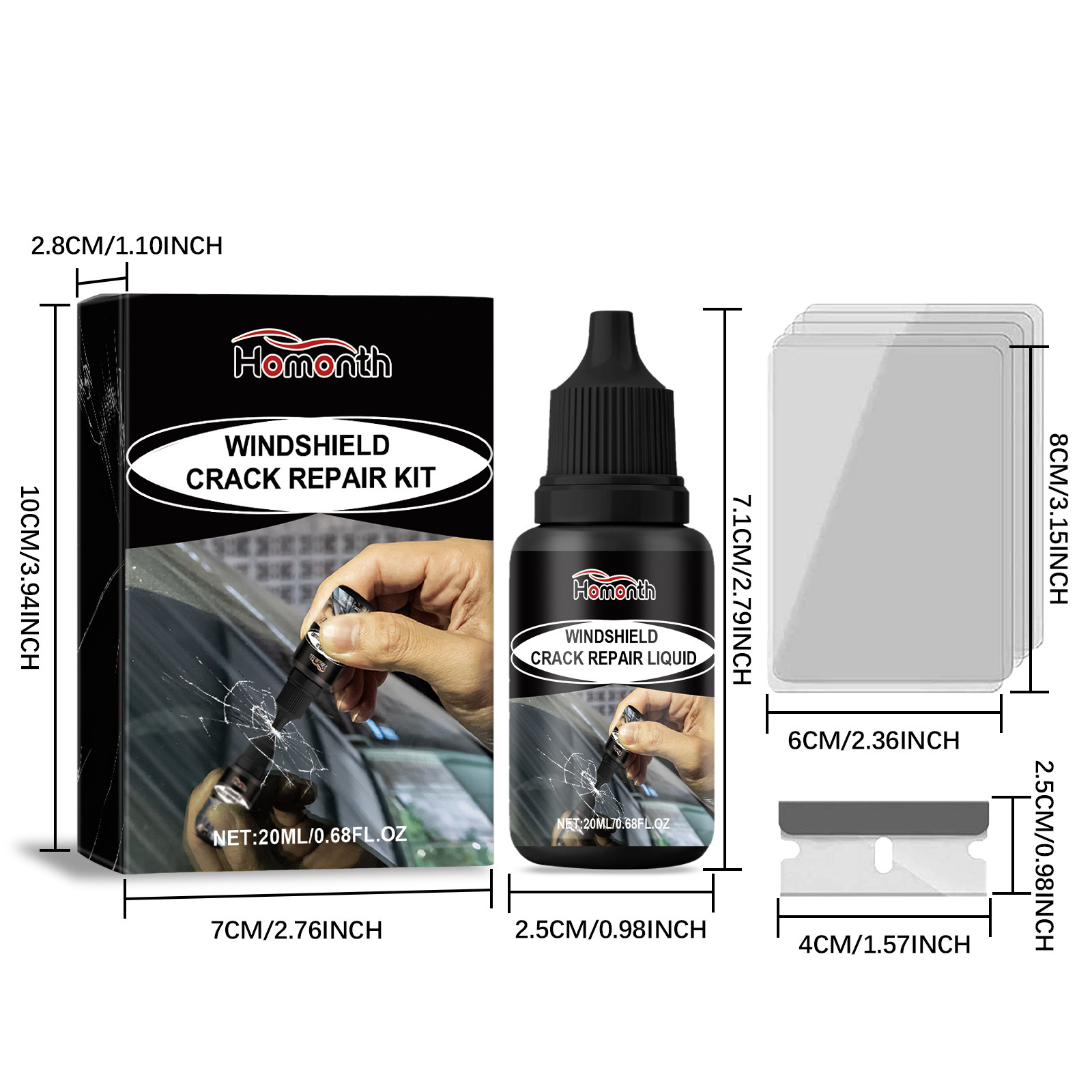 Hot-Selling Homonth Car Windshield Care Solution, Car Glass Cleaning and Crack Care Agent for Clear Vision