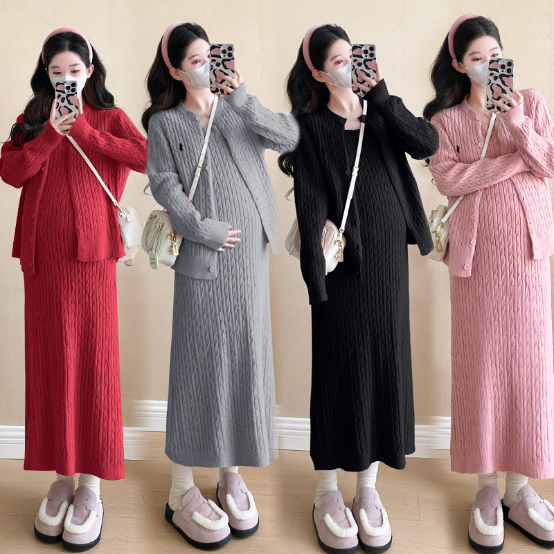 2026 Winter New Trendy Korean-Style Maternity Fashion Jacket + Suspender Dress New Year's Eve Christmas Set