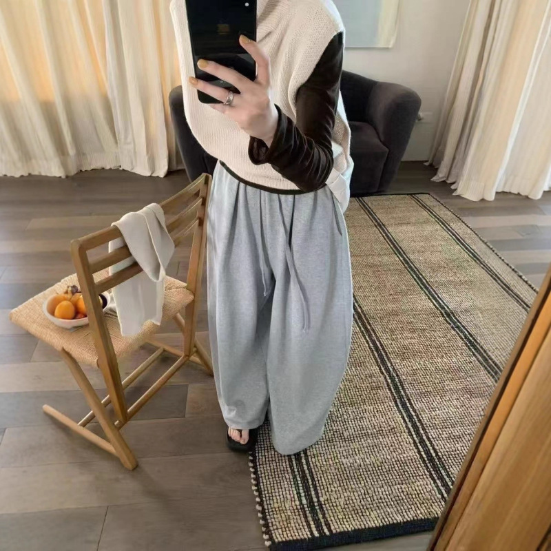 韩系极简风松紧腰系带百搭休闲裤女2025年秋季新款显瘦直筒阔腿裤|undefined