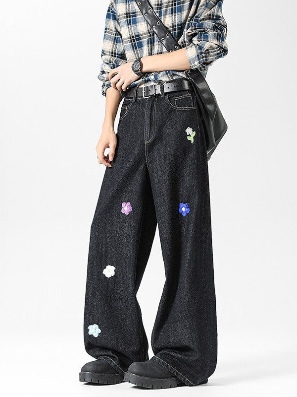 小花刺繍ジーンズメンズ 2025 夏新アメリカンレトロトレンディブランドルーズストレートワイドレッグカジュアルパンツ|undefined
