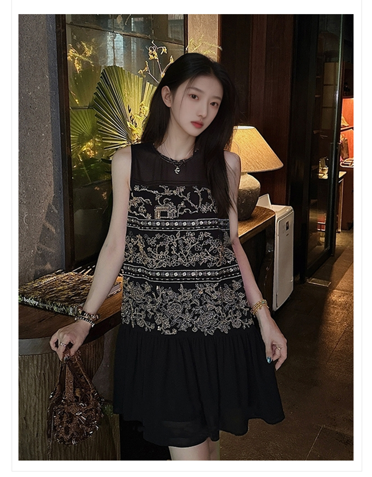 Đầm maxi nữ phong cách Trung Hoa thêu đính cườm retro mùa hè — Màu cà phê mẫu ngắn, Màu đen mẫu ngắn, Màu mơ mẫu ngắn, Màu đen dáng dài chi tiết 3