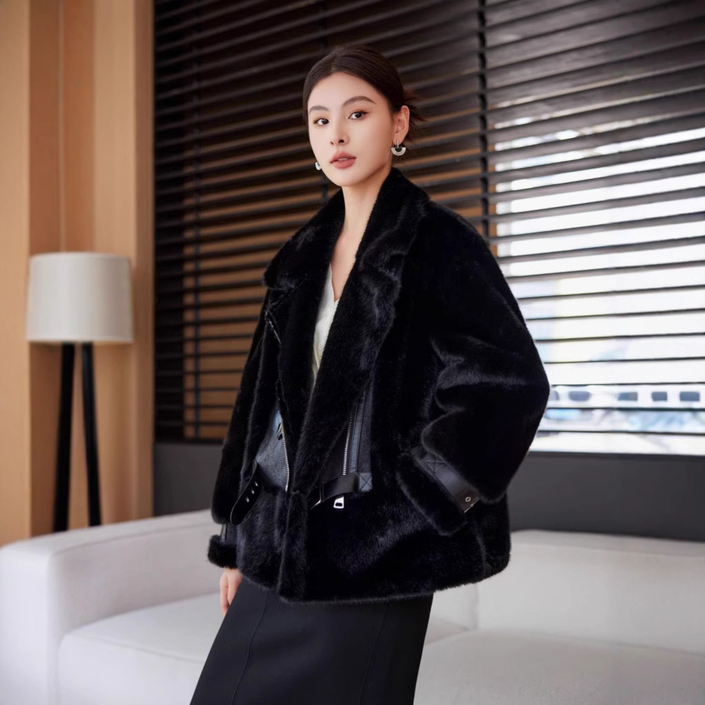 2024秋冬高档环保毛草草外套女百搭仿水貂一体毛网红中长款