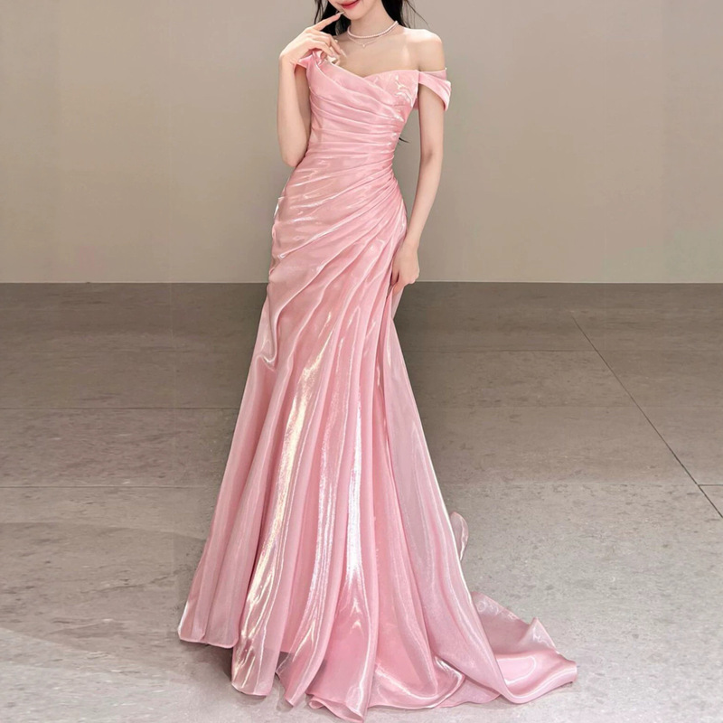 One-Shoulder Cross-Border Women's Formal Evening Dress, New Summer High-End Light Luxury Socialite Birthday Sweet Dress One-Shoulder Cross-Border Women's Formal Evening Dress, New Summer High-End Light Luxury Socialite Birthday Sweet Dress