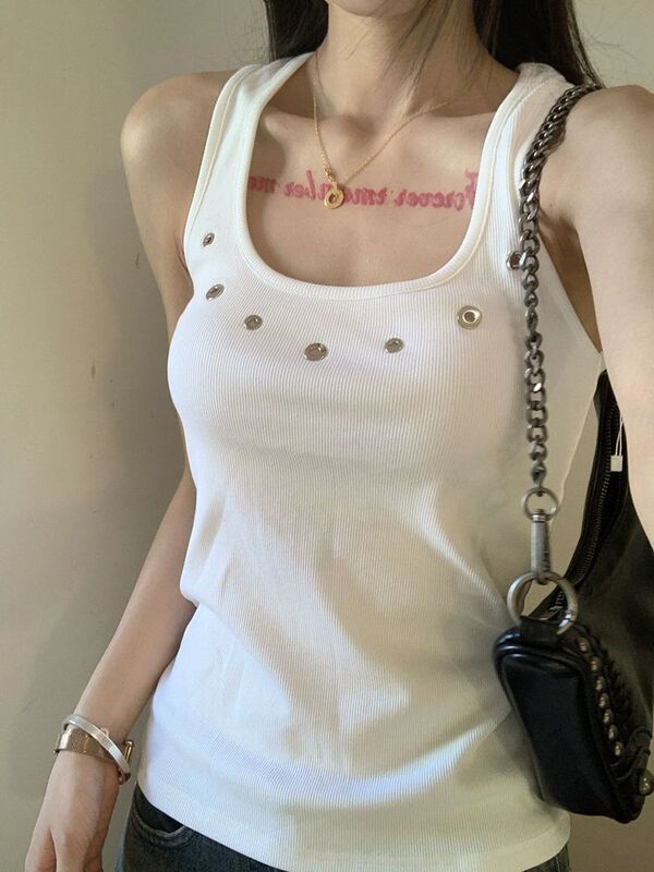 [260g Rayon Modal] Sleeveless Cut Out Racer Vest Suspender for Women to Wear Inside and Outside in White