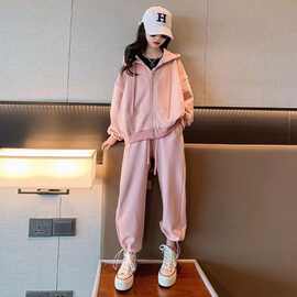 网红女童韩版套装中大童春秋新款儿童洋气连帽外套时髦长裤两件套