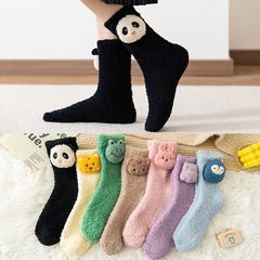 Autumn and winter new coral velvet socks Japanese cartoon panda half velvet women's mid-calf socks warm and thickened towel socks