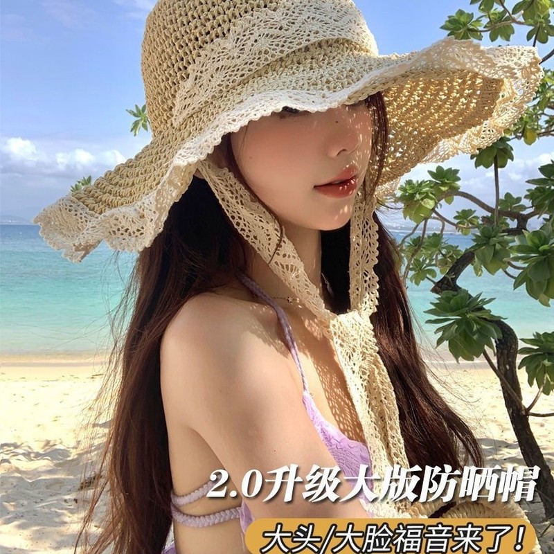 旅行用レディース韓国レース日焼け止めサンハット、海辺のビーチでの写真撮影、夏の麦わらサンハット|undefined
