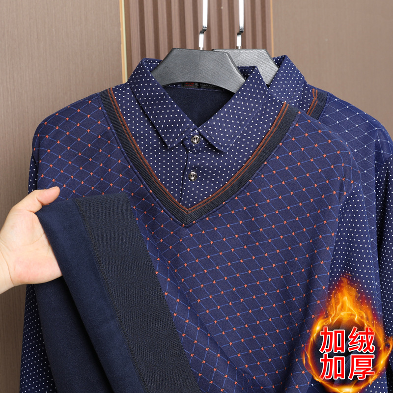 一件代发秋冬新款假两件针织衫男套头毛衣衬衫领中青年打底衫加绒