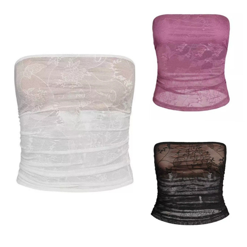 Iamgia European and American Sexys Sexy See-Through Tube Top Lace Cut Out Chest Wrap Off-Shoulder Pure Color Slim Fashionable Base Layer