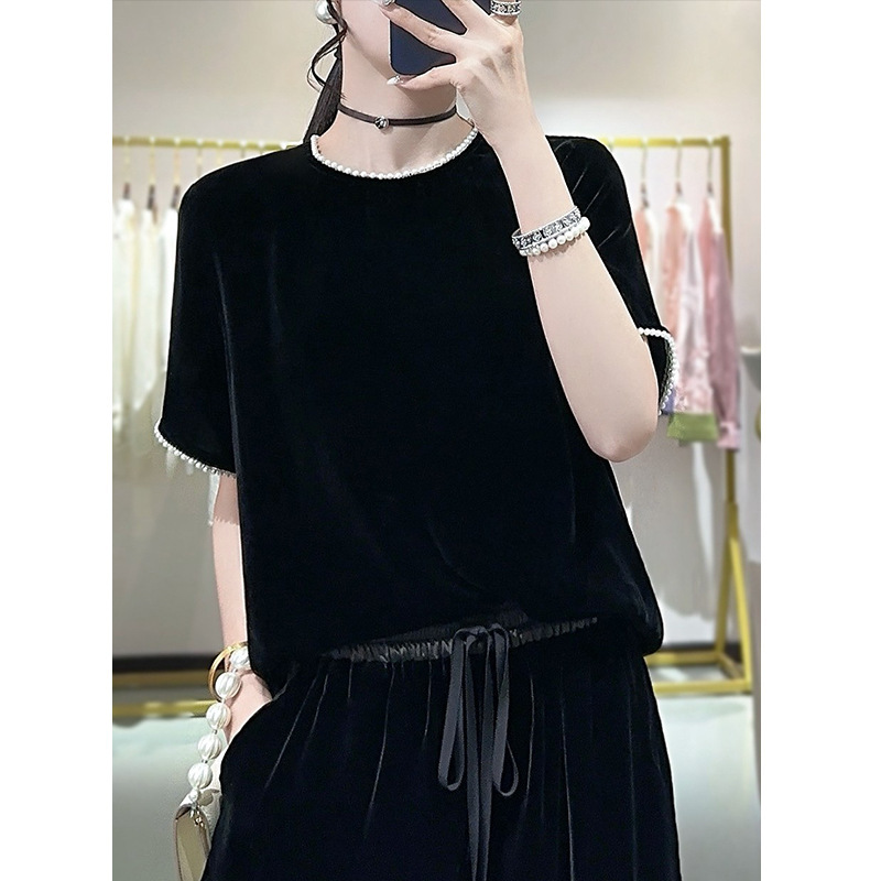 989 エレガントなラウンドネック半袖パールシルクベルベットトップ、女性用、S M L XL XXL、返品交換不可！|undefined
