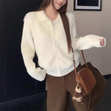 2025秋冬新款百搭软糯毛绒拼接外套极简风白色翻领拉链长袖毛衣女
