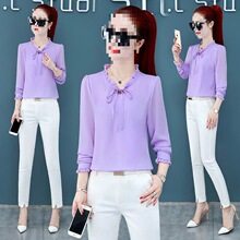 春秋新款韩范优雅蝴蝶结雪纺衬衫女装长袖白色衬衣打底上衣