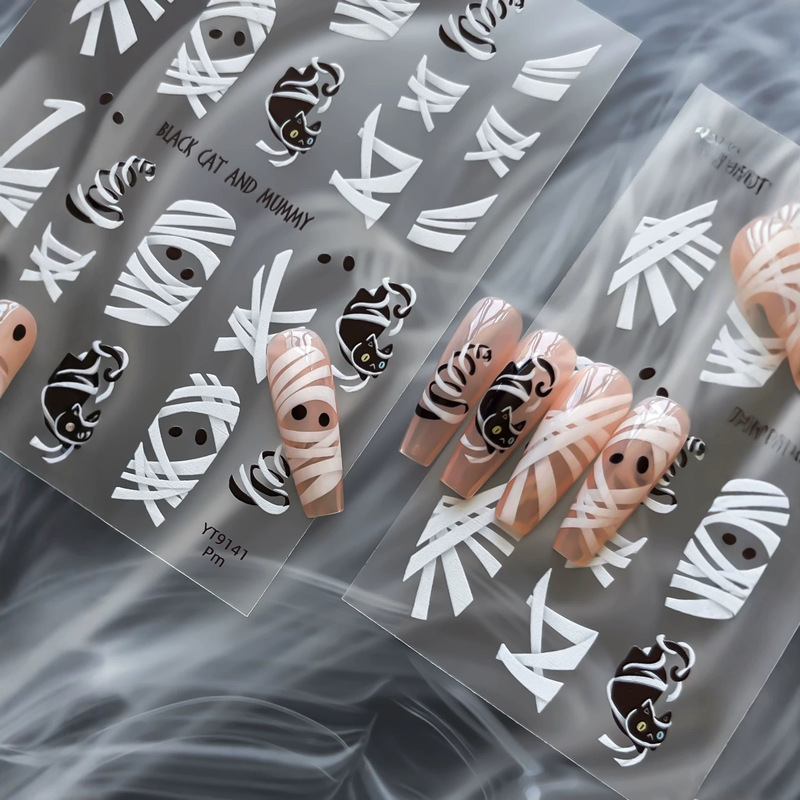 2026 Halloween Bandage Mummy Nail Art Stickers Black Cat Ghost Simple Adhesive Nail Stickers Wholesale