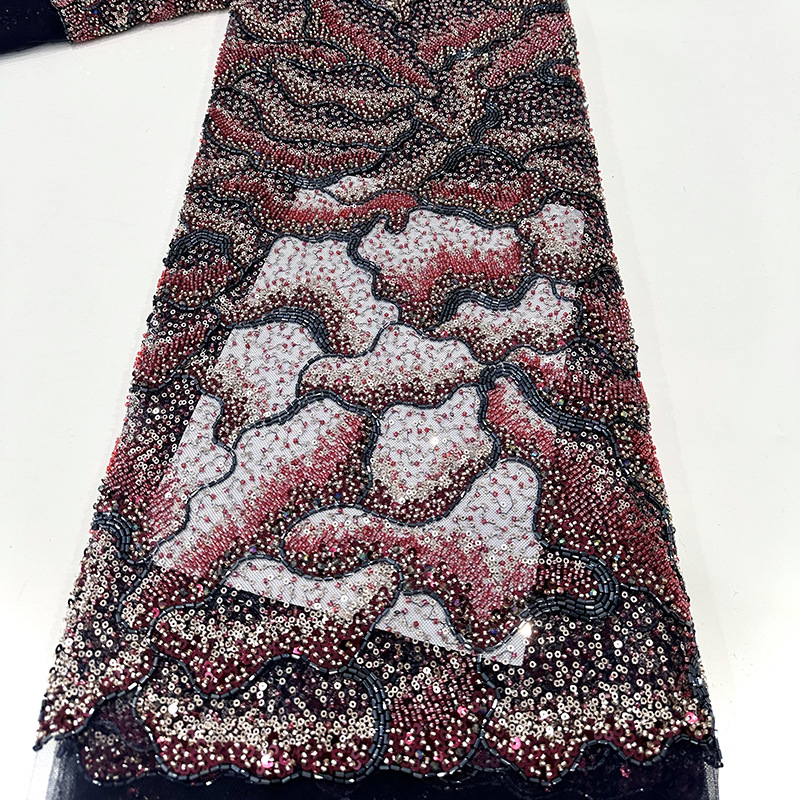 Tubo de cuentas bordado de alta gama cuentas bordado sequinado tela de red de encaje ondulado fondo DIY estilo Hepburn vestido de boda tela