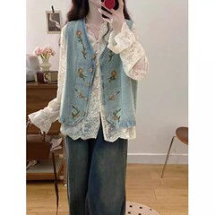 韓国版刺繍デニム馬甲2025春夏新作フレンチレトロ洋風百合カン肩にスカートとシャツ