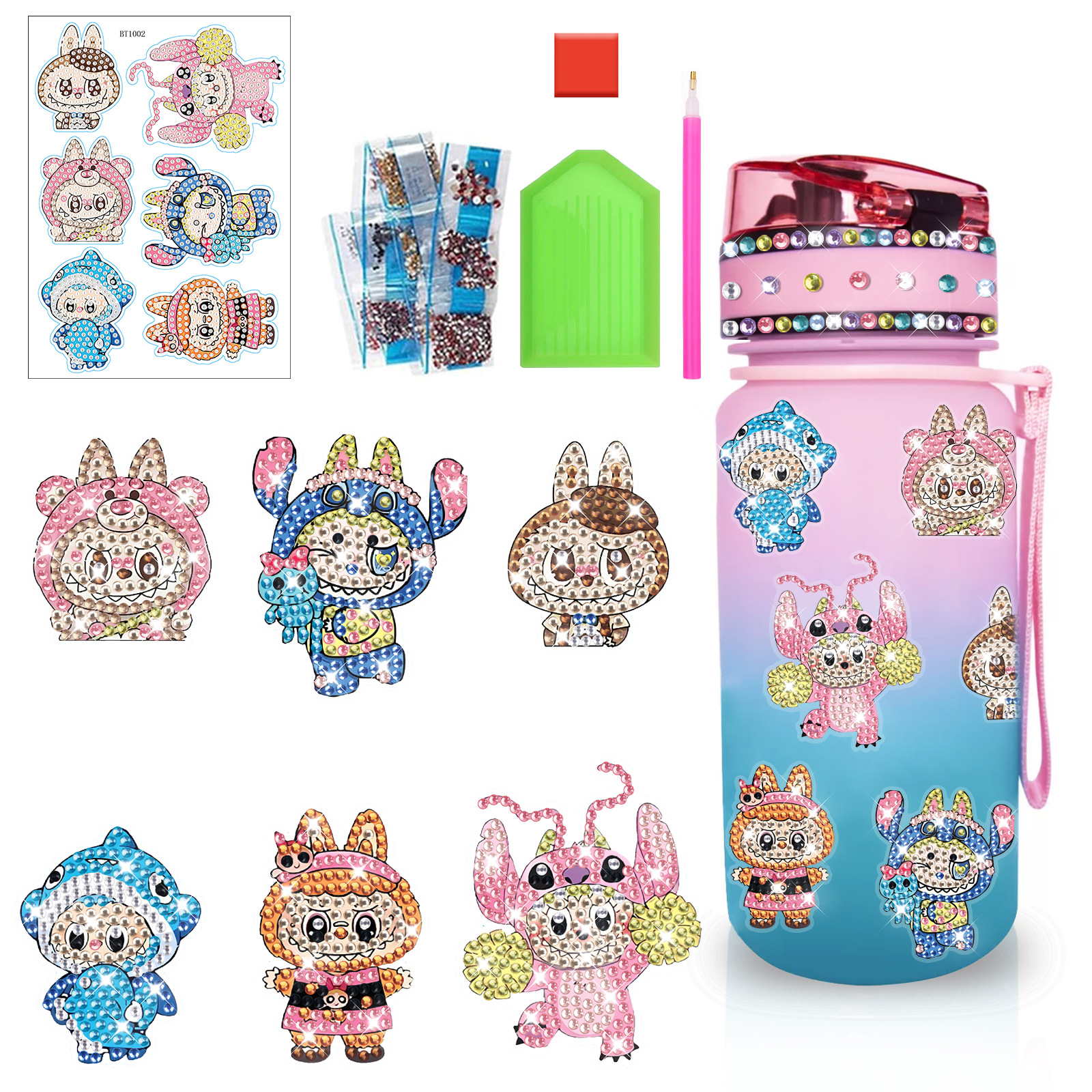 Estilo explosivo transfronterizo Pegatinas de taza de agua Labubu Pegatinas de piedra de diamantes Pegatinas gratis Pegatinas de bricolaje para niños Ladrillo hecho a mano Pintura de piedra al por mayor