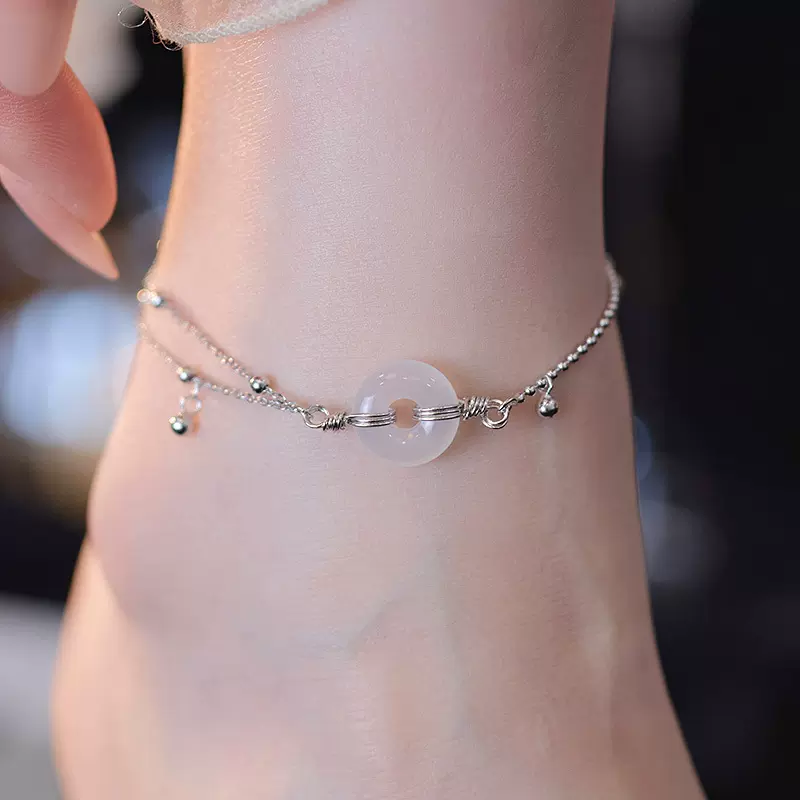 榕树下S925银新中式平安扣脚链女轻奢白玉髓2025新款小众足链脚饰