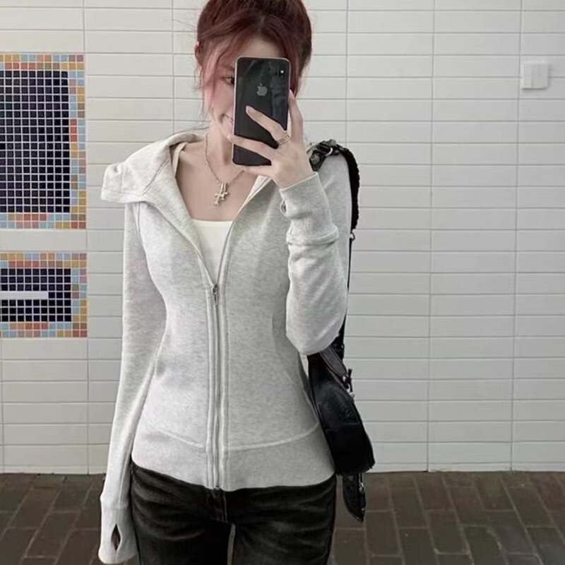 [Lightning Warehouse Hot Item] American-Style Hooded Sweatshirt, Gray Sweatshirt for Women, Casual Top, Cardigan for Women, Slim Fit