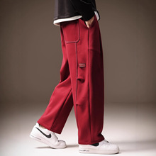 高端美式重磅红色复古直筒卫裤男士秋季潮牌宽松休闲垂感阔腿长裤