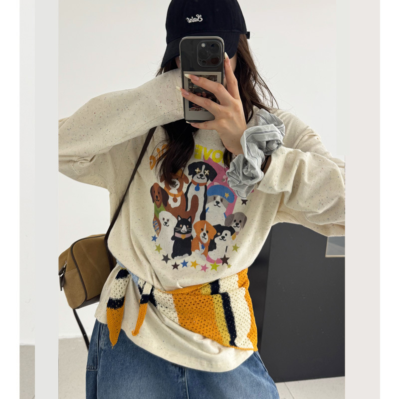 早秋冬新款重工卡通可爱狗狗印花圆领长袖T恤减龄百搭女25带披肩T|undefined
