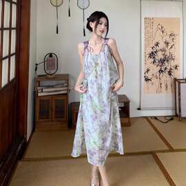 【双层内里】夏季新款女装垂坠感紫色碎花吊带裙雪纺连衣裙中长裙