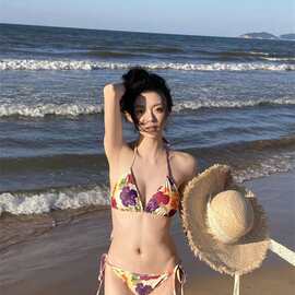 2026性感连夏季分体碎花泳装新款修身遮肉显瘦皱褶低胸气质泳装温
