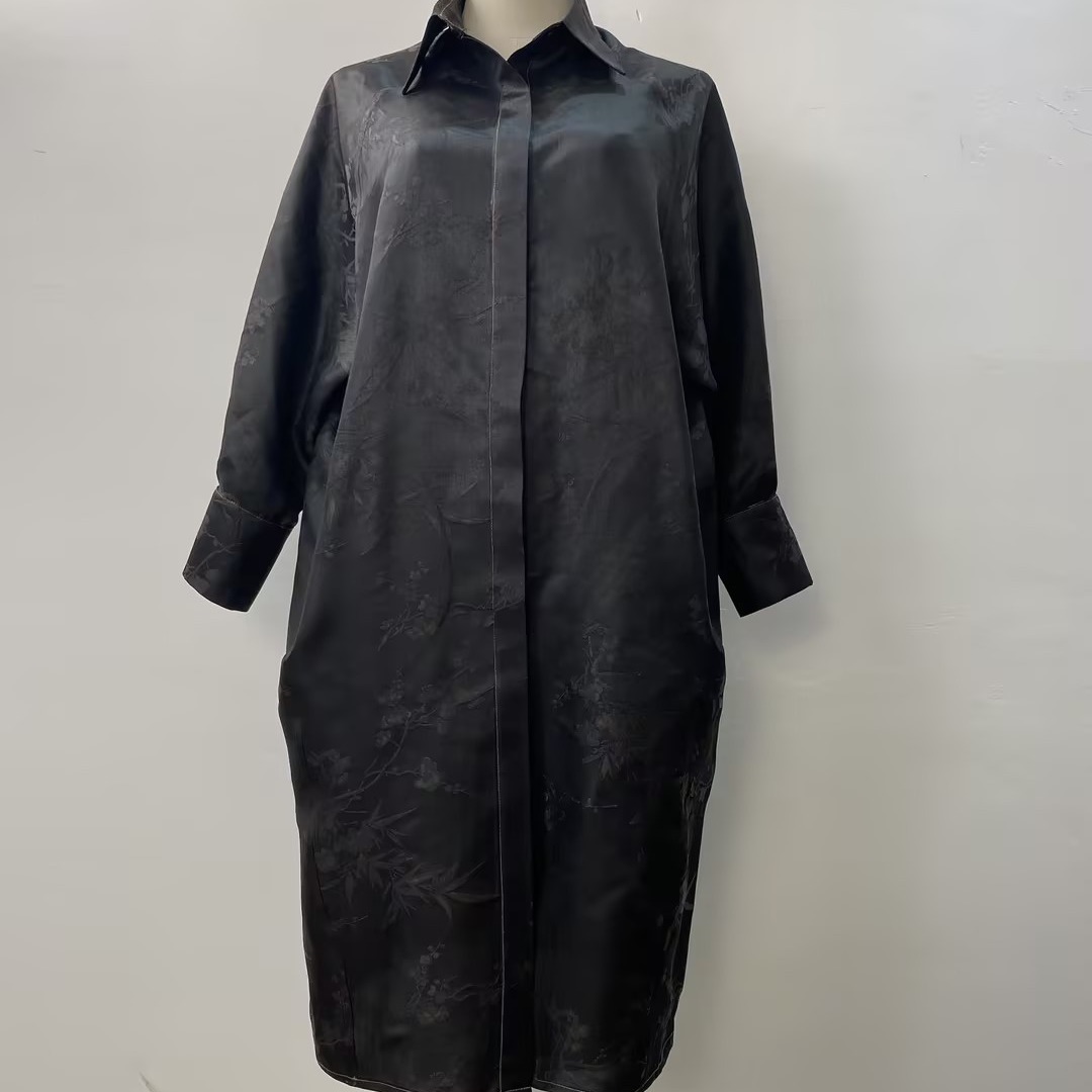 Xiangyun yarn dress women's autumn new black classic silk cardigan trench coat lapel loose cocoon-shaped coat two-way wear