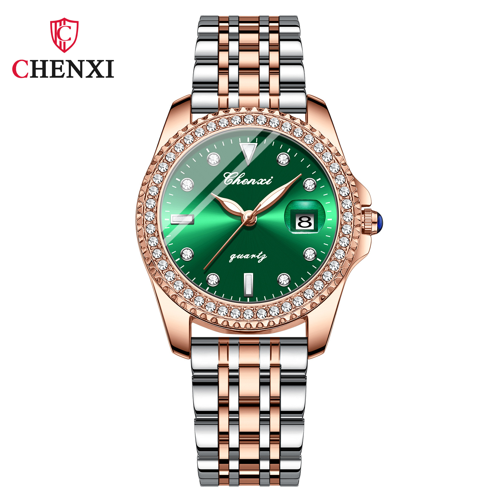 CHENGXI Chenxi 385 reloj de cuarzo redondo de moda para mujer impermeable creativo cinturón de acero moda pequeño reloj verde reloj