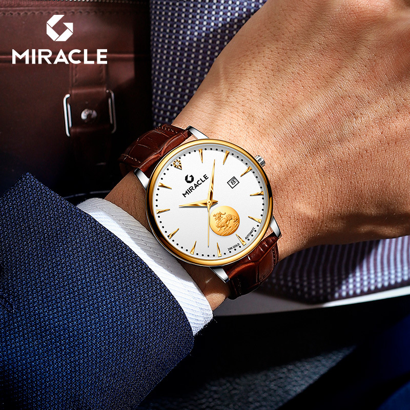 Đồng hồ nam Geney automatic lộ máy, mặt vàng 24K, dây da, chống nước — Da Cà Phê Mặt Trắng vàng