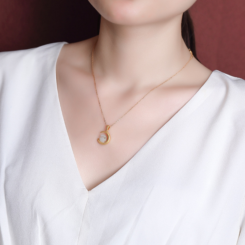 Mặt dây chuyền thỏ ngọc bích mặt trăng mạ vàng bạc S925 hình nai — Kiểu mạ vàng (Mặt dây chuyền đơn)