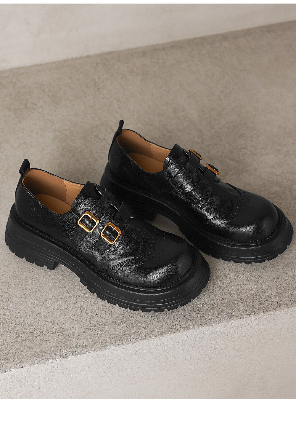 Giày loafer nữ đế dày mũi tròn gót vuông ổn định, khóa thắt lưng kép — màu nâu chi tiết 22