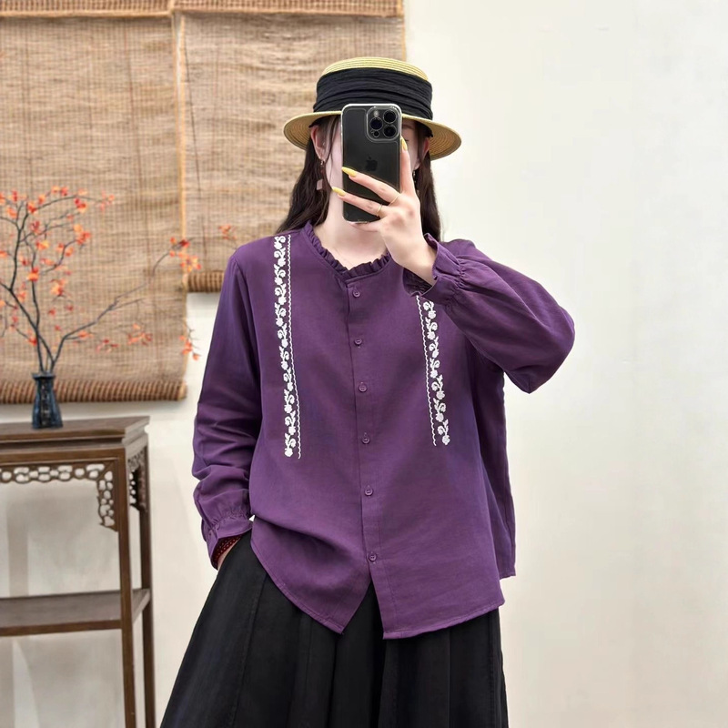 2025秋季新款重工绣花开衫立领花边领气质森女系文艺范双纱小开衫|undefined