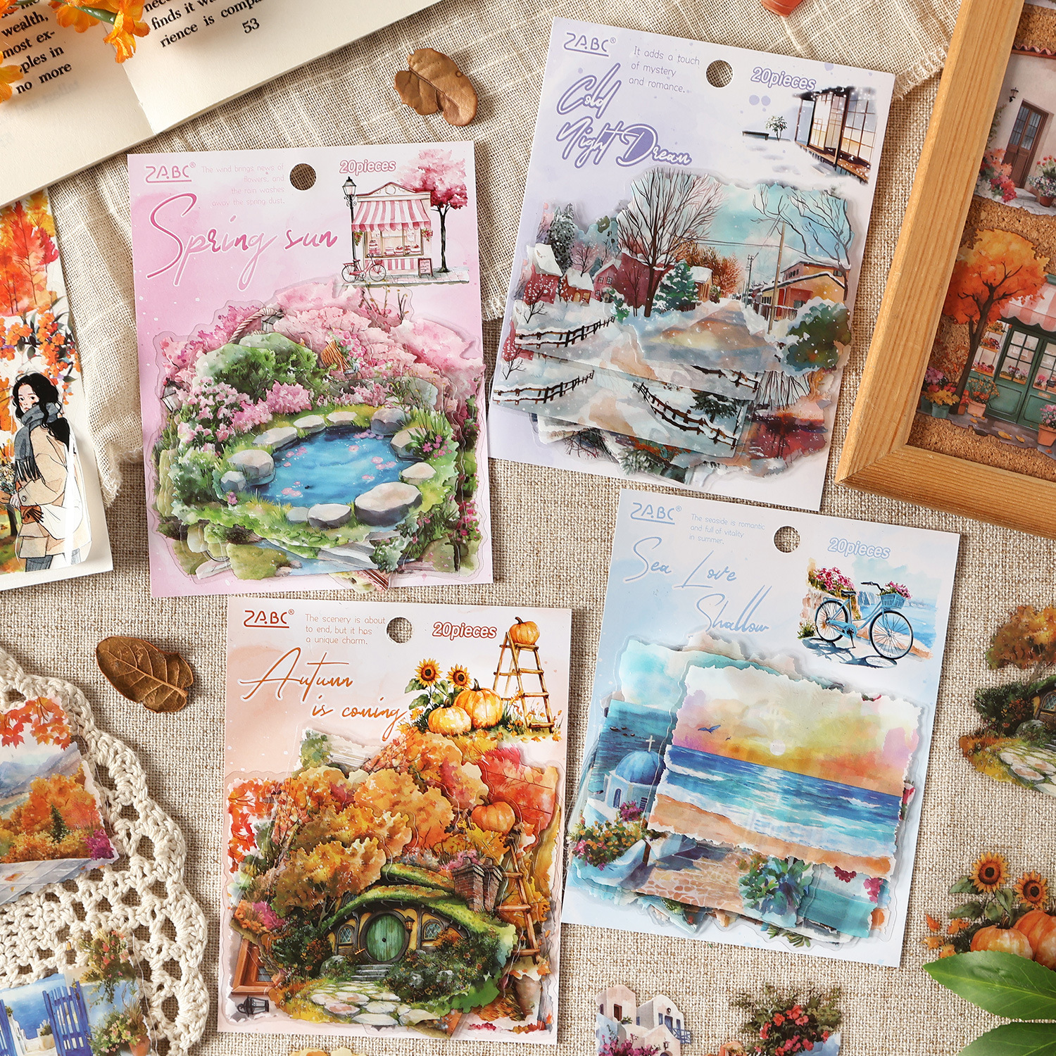 Four Seasons String Song Series Pet Impermeable Four Seasons Theme Scenic Sticker Pack Diy Hand Cart Material de decoración Pegatinas de collage