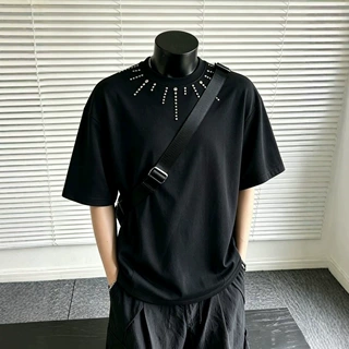 美式高街铆钉正肩t恤短袖男夏季感重磅设计垫肩休闲半袖上衣