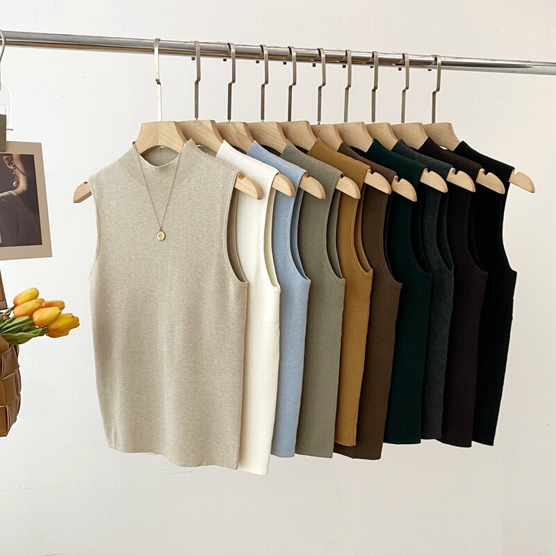 Special Offer with Free Shipping, No Returns or Exchanges, Stylish Small Mock-Neck Sleeveless Knitted Vest for Women, 10% Wool, Soft Inner Wear 31630