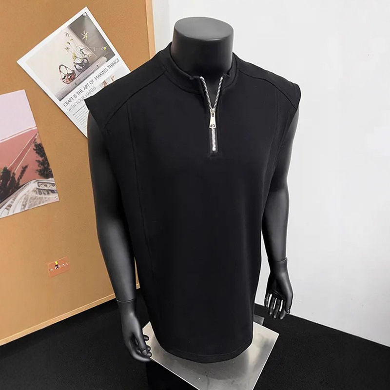Black Half-Zip American-Style Vest T-Shirt for Men, Summer Deconstructed Patchwork Sports T-Shirt, Heavy Trendy Brand Sleeveless Shirt