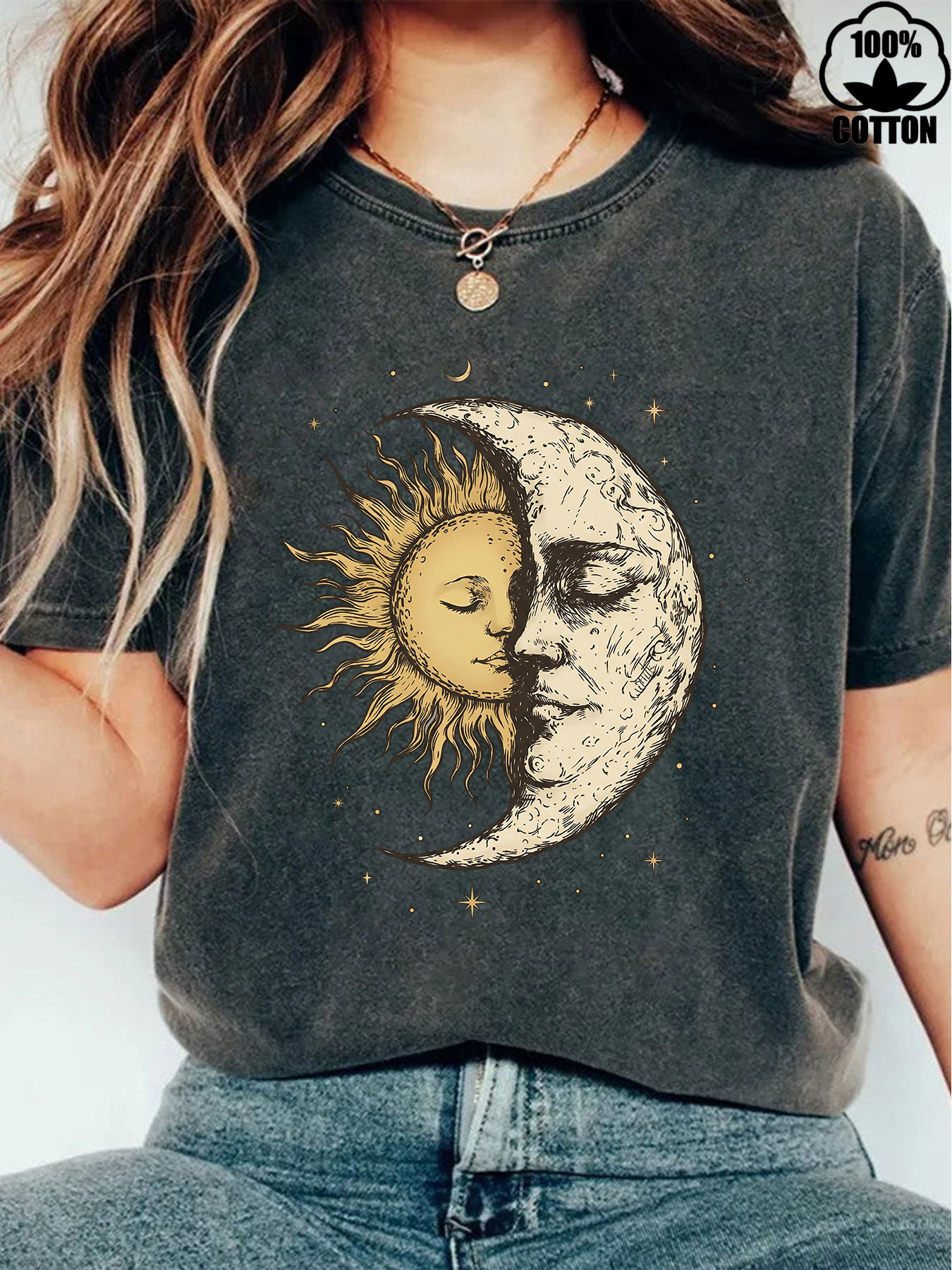 Amazon European and American Pure Cotton Washed Snowflake Sun Moon Fashion Loose Short-Sleeved Round Neck T-Shirt for Women Cross-Border E-Commerce