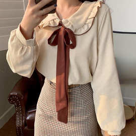 衬衫女春秋2024新款灯芯绒法式复古娃娃领上衣设计感小众港味长袖