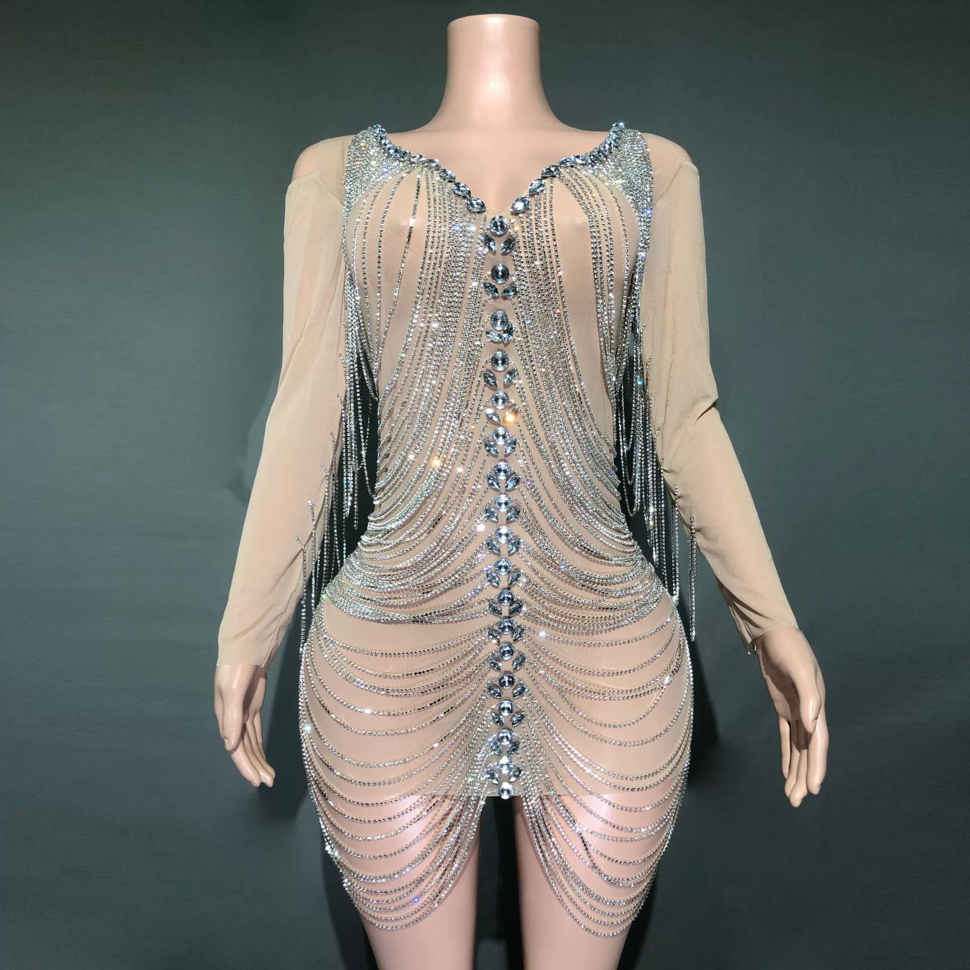 Европейский и американский танец производительность V-образным вырезом сексуальный драгоценный камень горный хрусталь цепи блестящие бедра юбка платье юбка