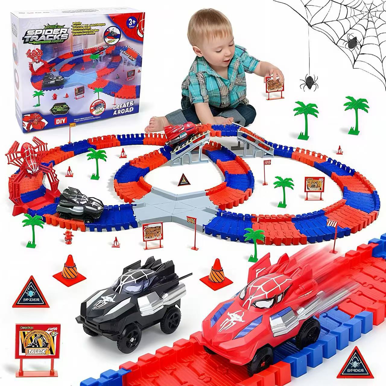 Cross-Border Amazon Spider Rail Car Puzzle Early Education Creative Assembly Children's Boy DIY Light Car Toy