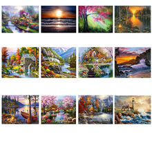 亚马逊热销山川风景diy厂家十字绣精准印花自己绣diy满绣跨境批发