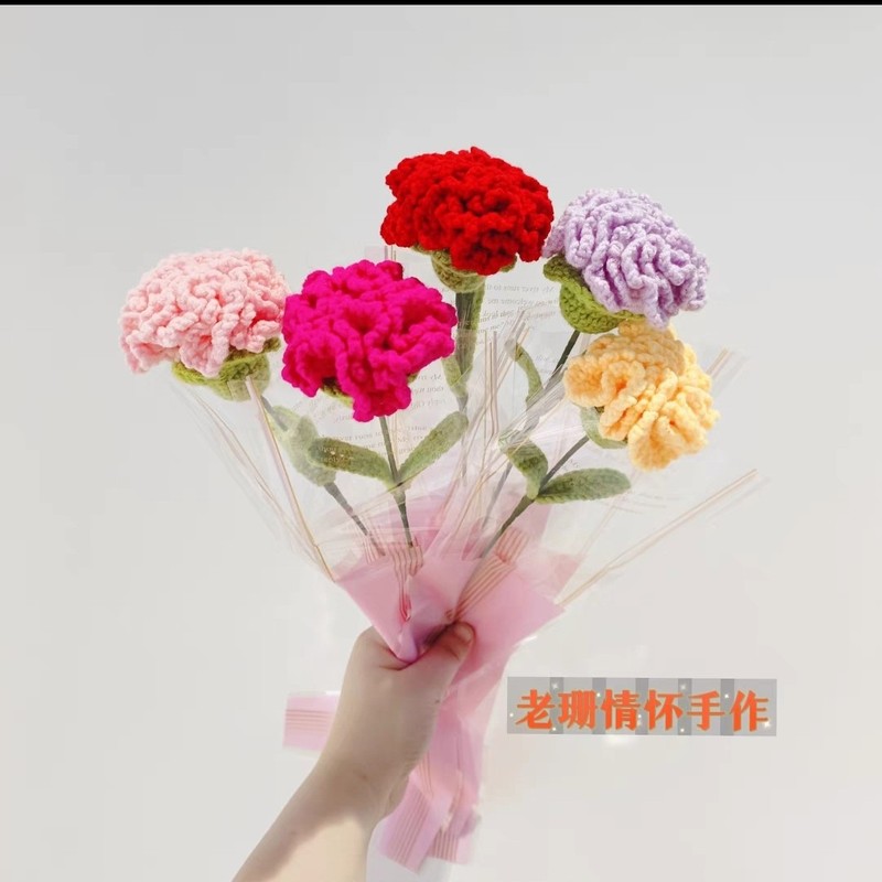 完成品アイデア母の日教師のお祭りプレゼント手作り毛糸花鉤編カーネーション花一本花束|undefined