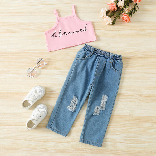Girls summer suit trendy European and American girls fashion short letter halter vest ripped wide leg pants two piece set