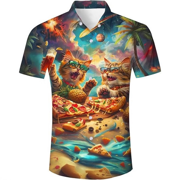 Venta caliente transfronteriza europea y americana, linda mascota gato estampado 3D, camisa hawaiana de manga corta con botones sueltos en la calle principal para hombres