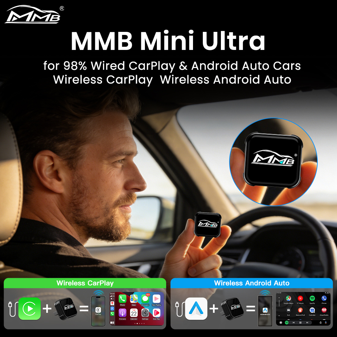 Factory Direct Supply Mmb Mini Wireless Carplay Box Wired to Wireless 2-in-1 Car Connectivity Converter