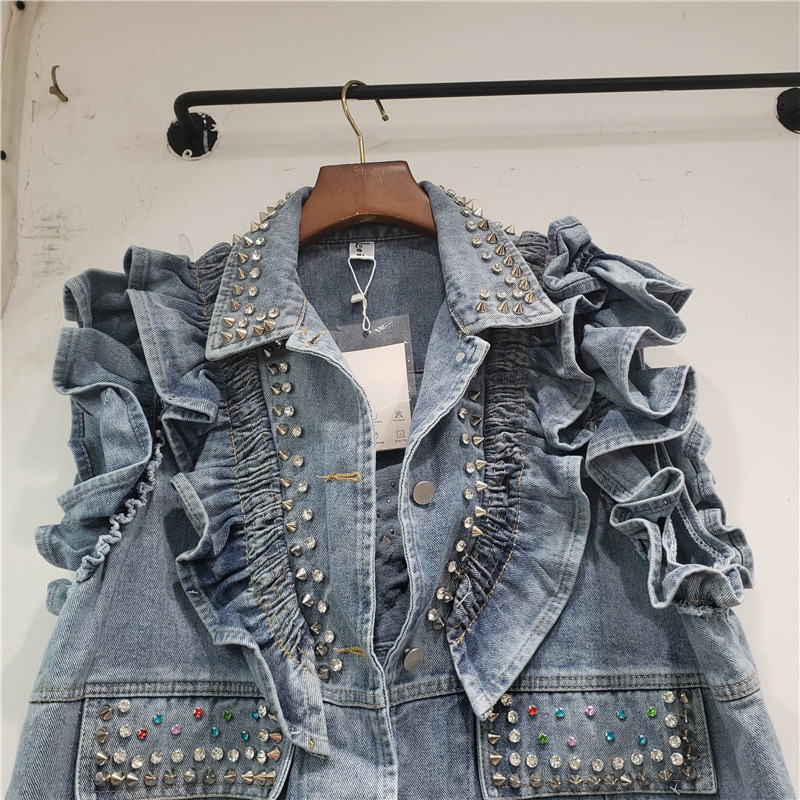 Estación Europea 2023 otoño nueva industria pesada con cuentas de diamantes sueltas Denim adelgazar Chaleco de todo fósforo marca de moda transfronteriza femenina image 3