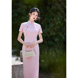 红眸2025新款印花旗袍连衣裙短袖长款改良年轻款少女粉色复古旗袍